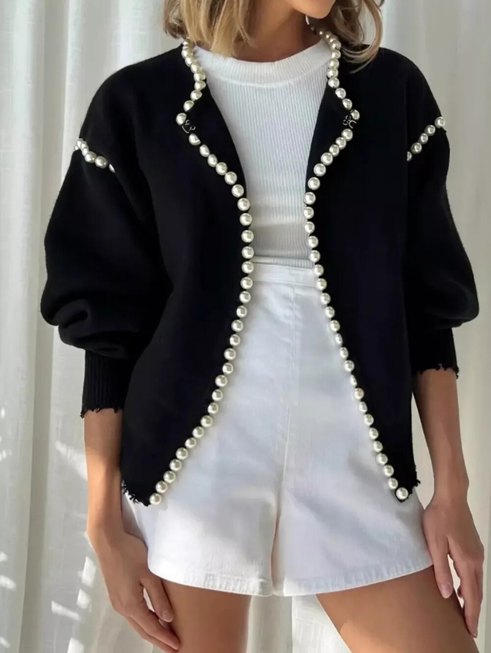 Pearl Trimmed Open Front Cardigan